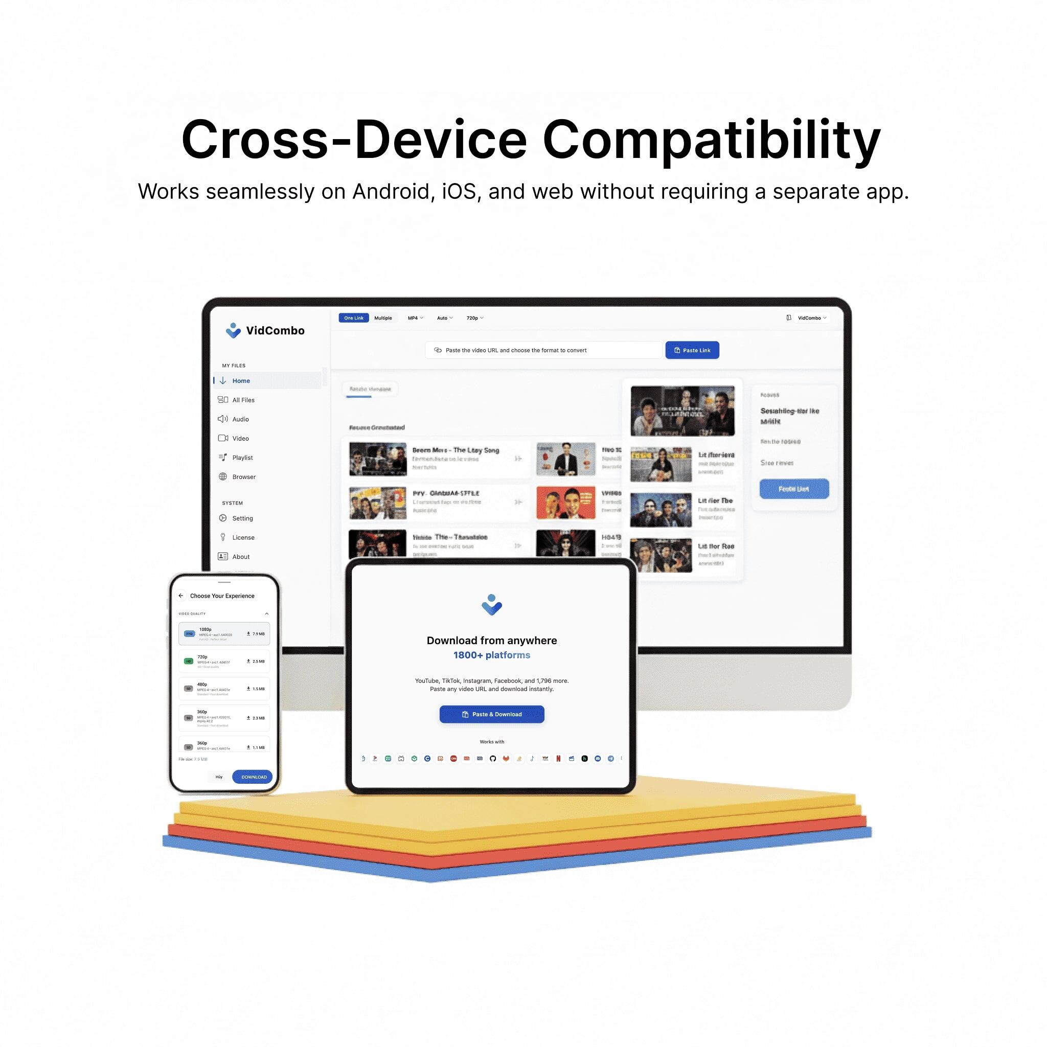 Vidcombo disegerakkan merentasi komputer riba Windows, MacBook, iPhone dan peranti Android menunjukkan muat turun yang lancar